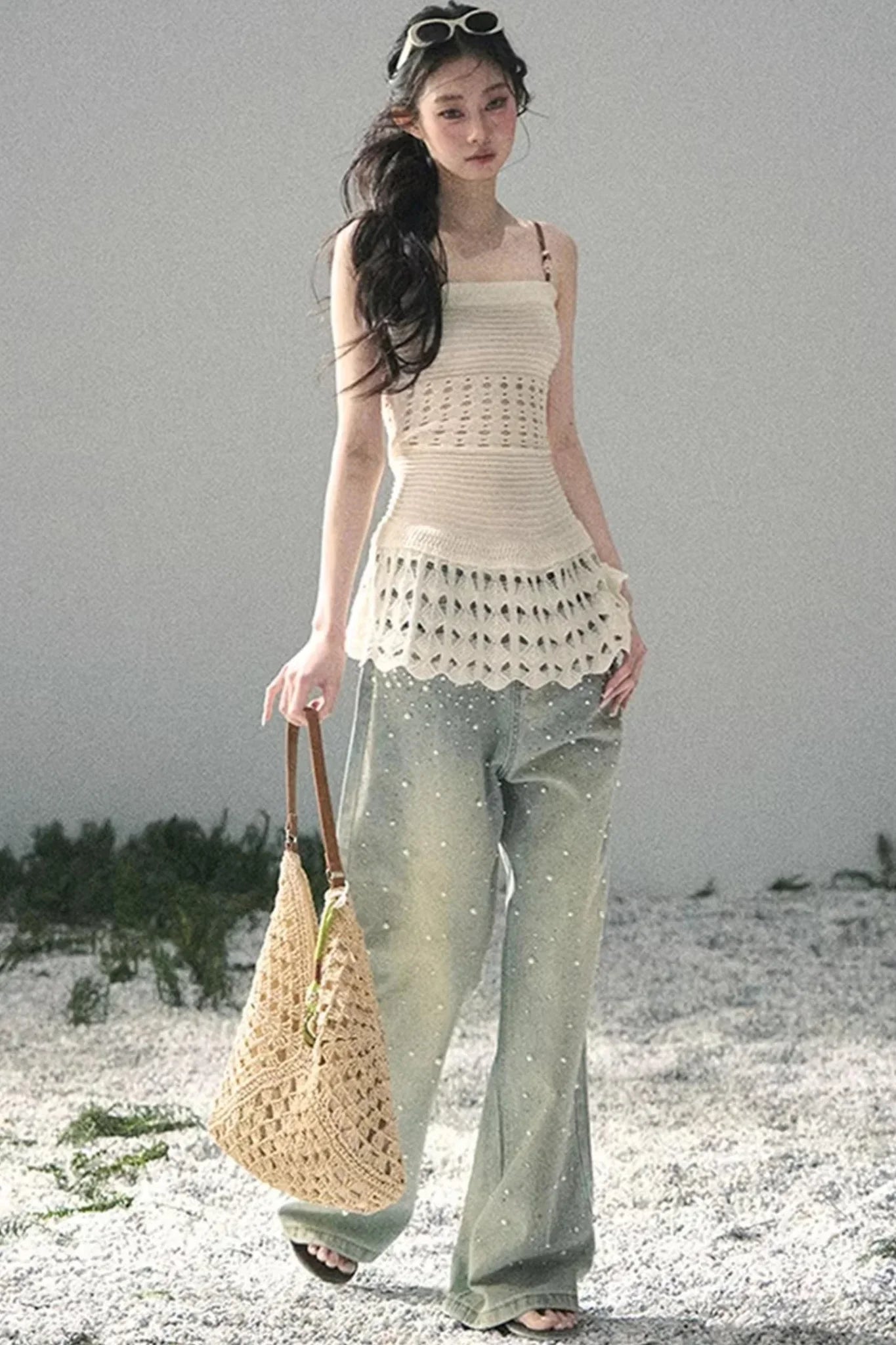 Blue Light Beaded Denim Pants
