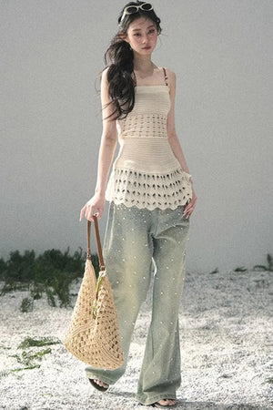 Blue Light Beaded Denim Pants
