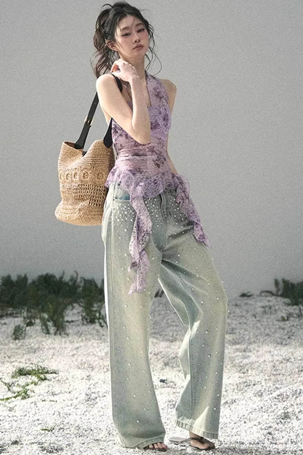 Blue Light Beaded Denim Pants