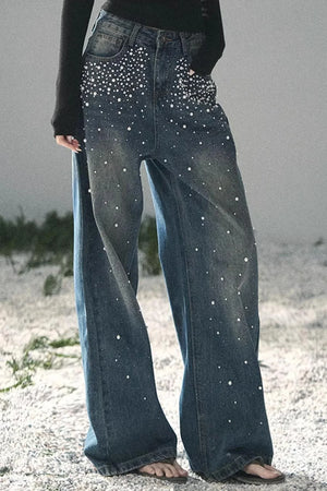 Blue Light Beaded Denim Pants