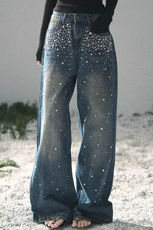 Blue Light Beaded Denim Pants