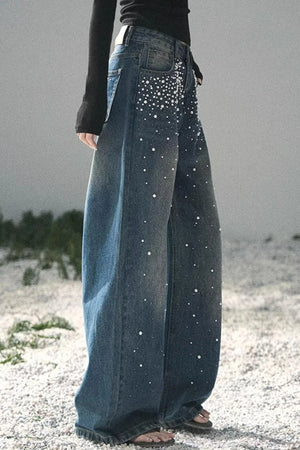 Blue Light Beaded Denim Pants