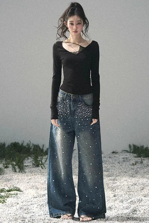 Blue Light Beaded Denim Pants