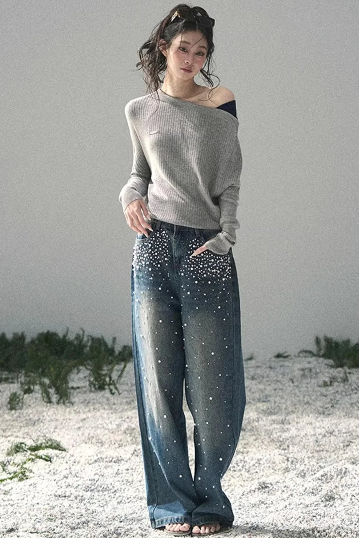 Blue Light Beaded Denim Pants