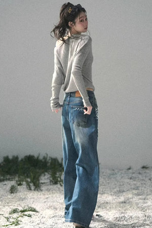 Blue Light Beaded Denim Pants