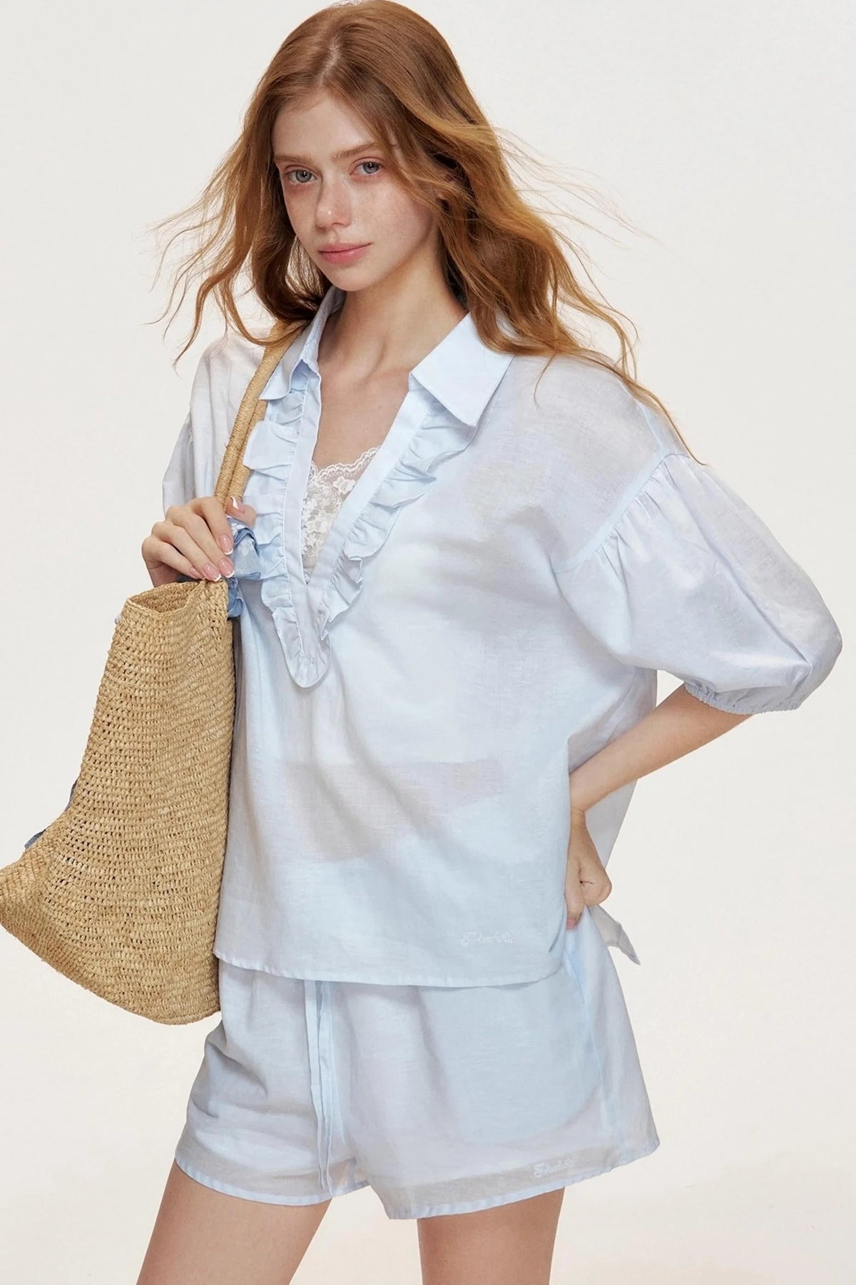 Blue Ocean Linen Cotton V-Neck Stitched Shorts Set-Up
