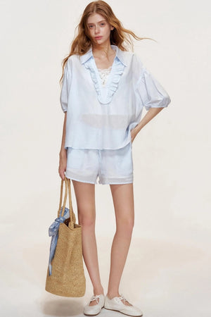 Blue Ocean Linen Cotton V-Neck Stitched Shorts Set-Up