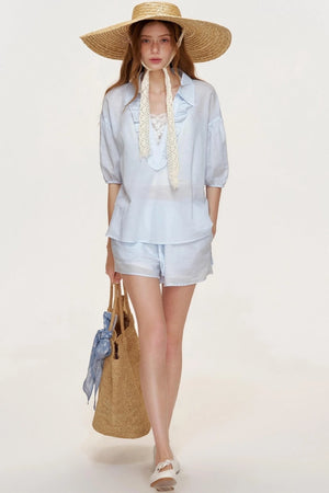 Blue Ocean Linen Cotton V-Neck Stitched Shorts Set-Up