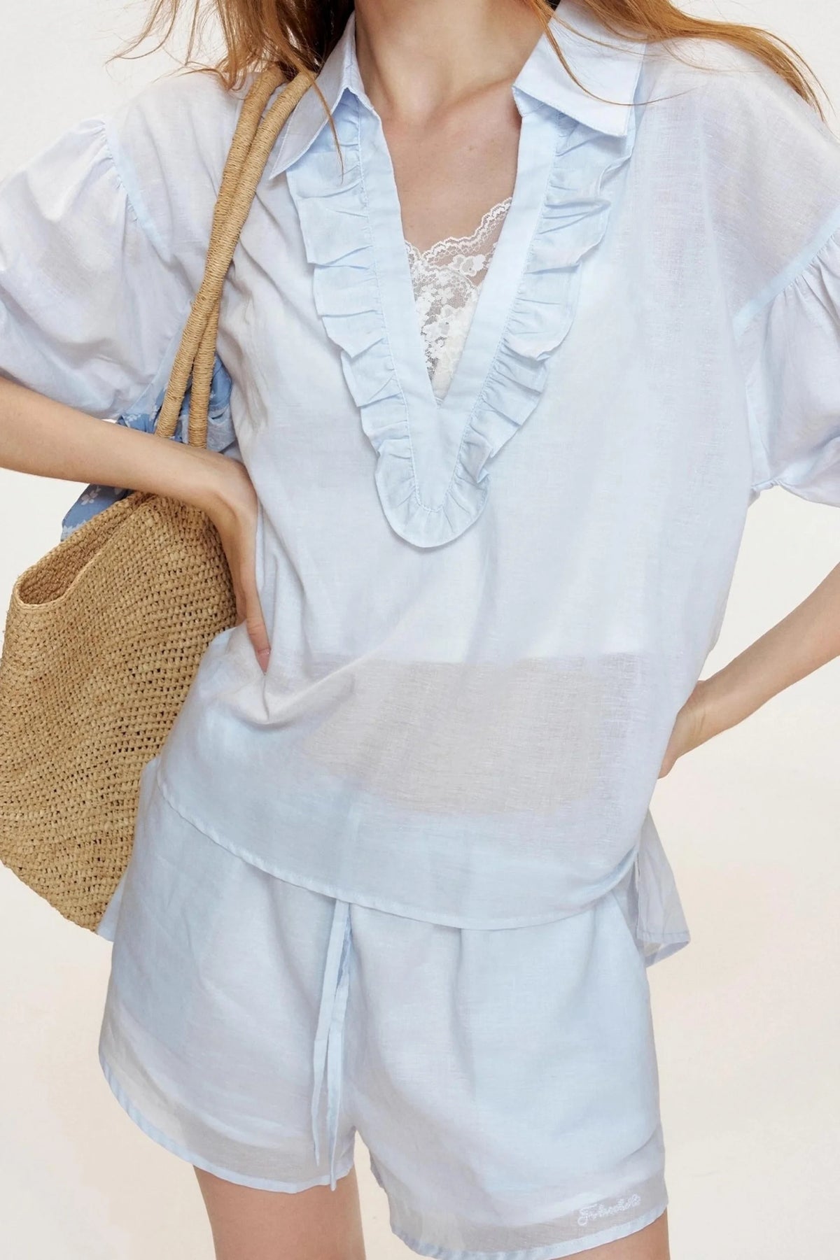 Blue Ocean Linen Cotton V-Neck Stitched Shorts Set-Up