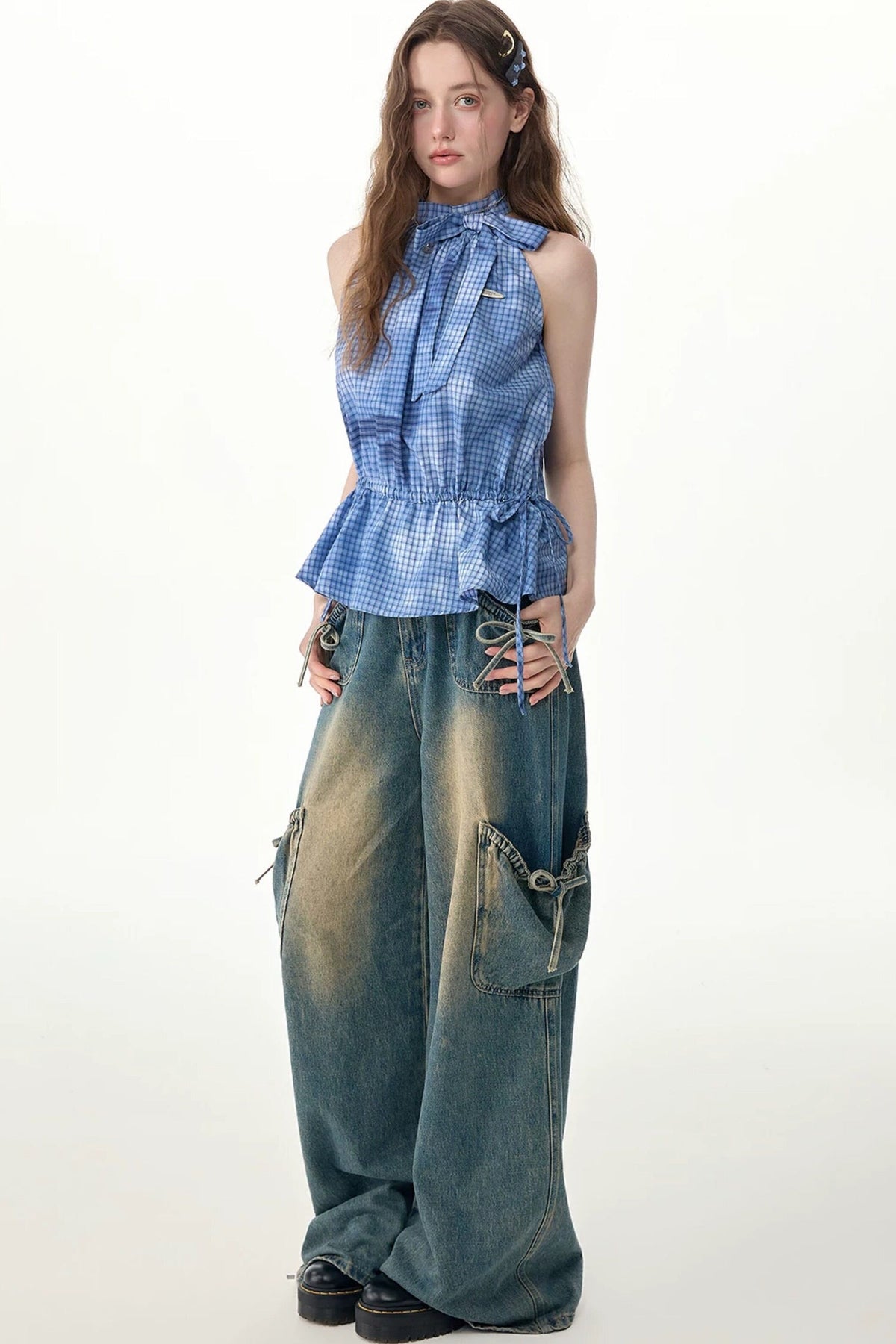 Blue Plaid Bow Halter Top