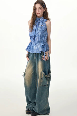 Blue Plaid Bow Halter Top