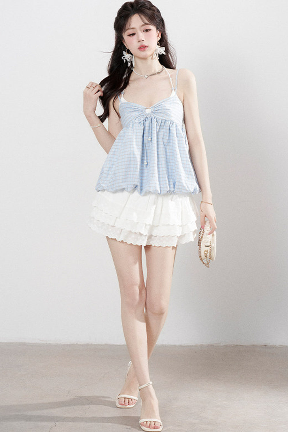 Blue Plaid Floral Camisole Top Set-Up