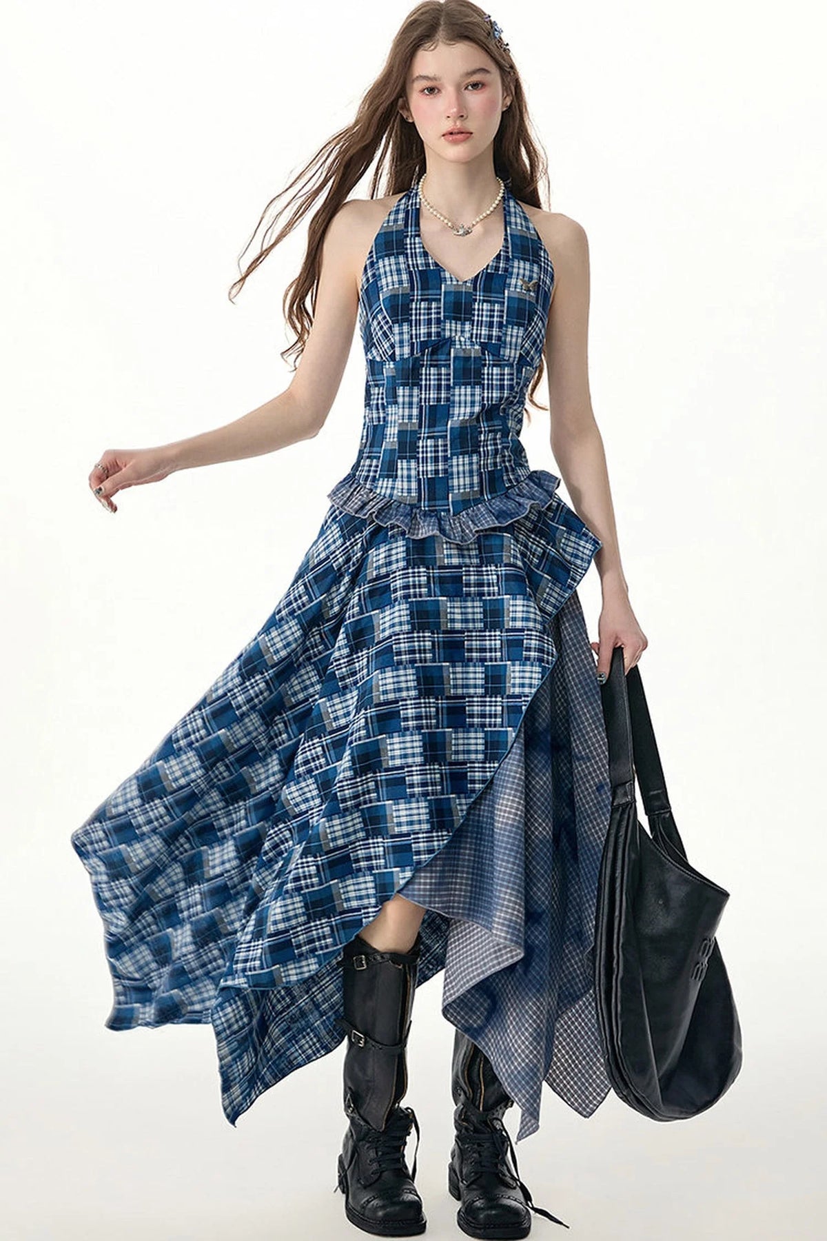 Blue Plaid Halter Asymmetrical Sleeveless Dress