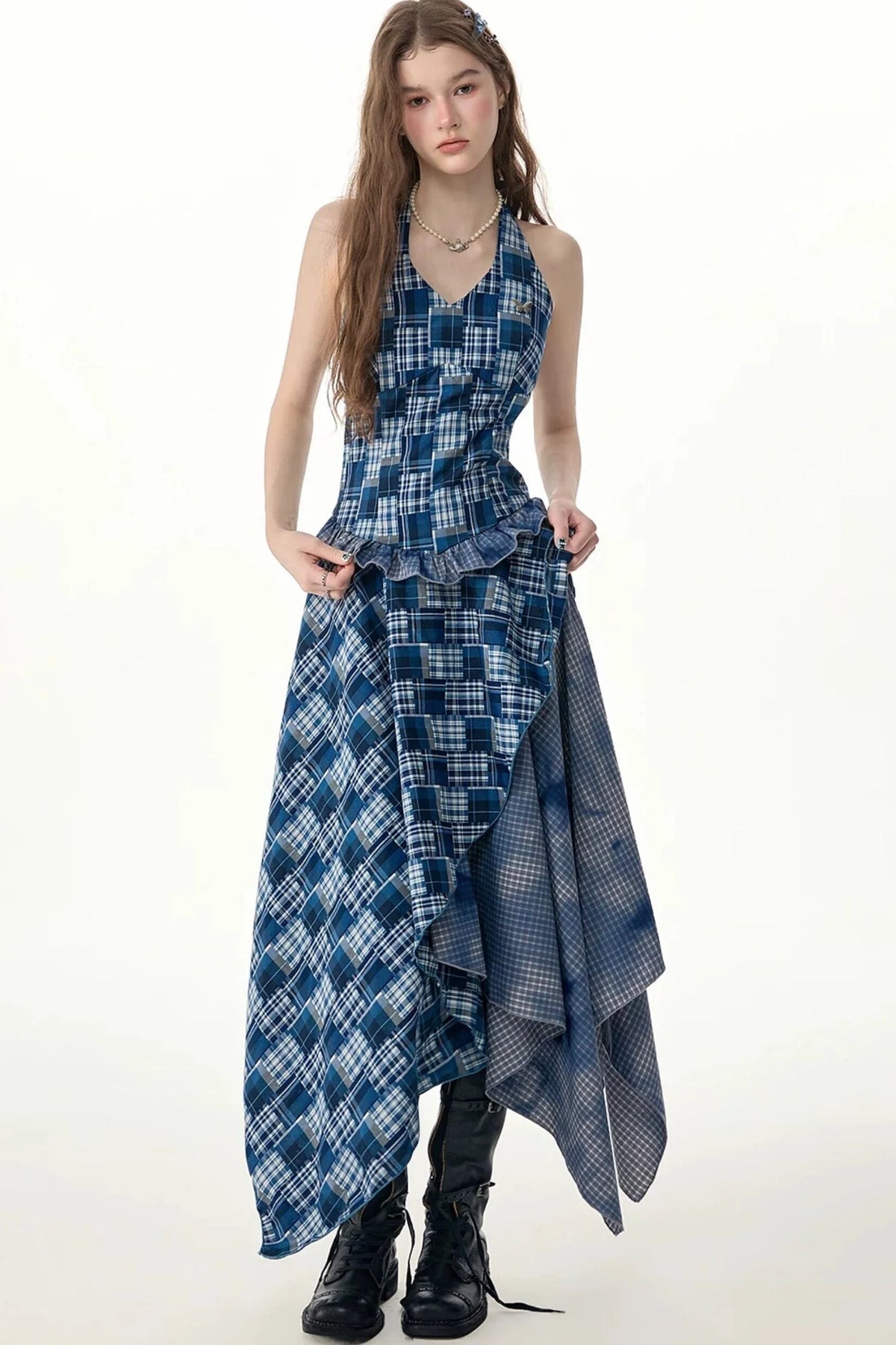 Blue Plaid Halter Asymmetrical Sleeveless Dress