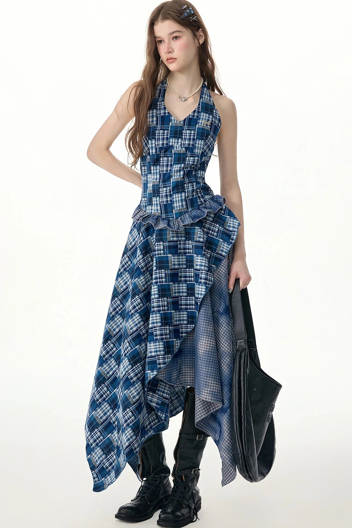 Blue Plaid Halter Asymmetrical Sleeveless Dress