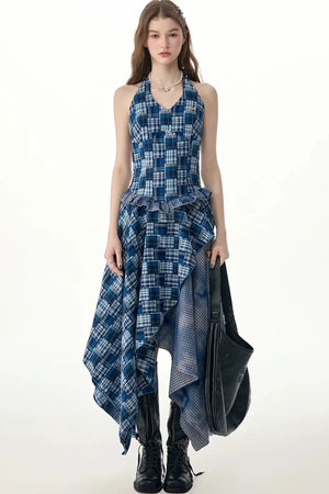 Blue Plaid Halter Asymmetrical Sleeveless Dress