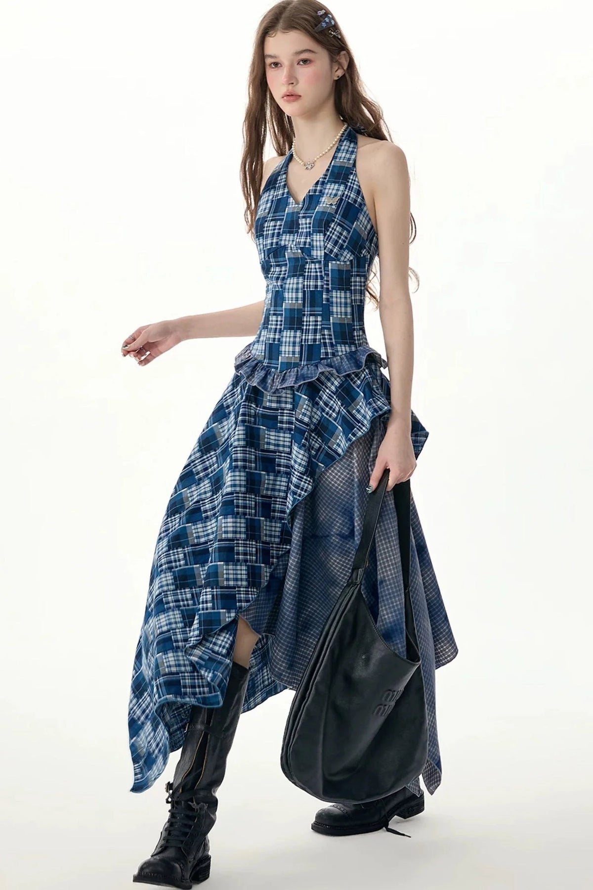 Blue Plaid Halter Asymmetrical Sleeveless Dress