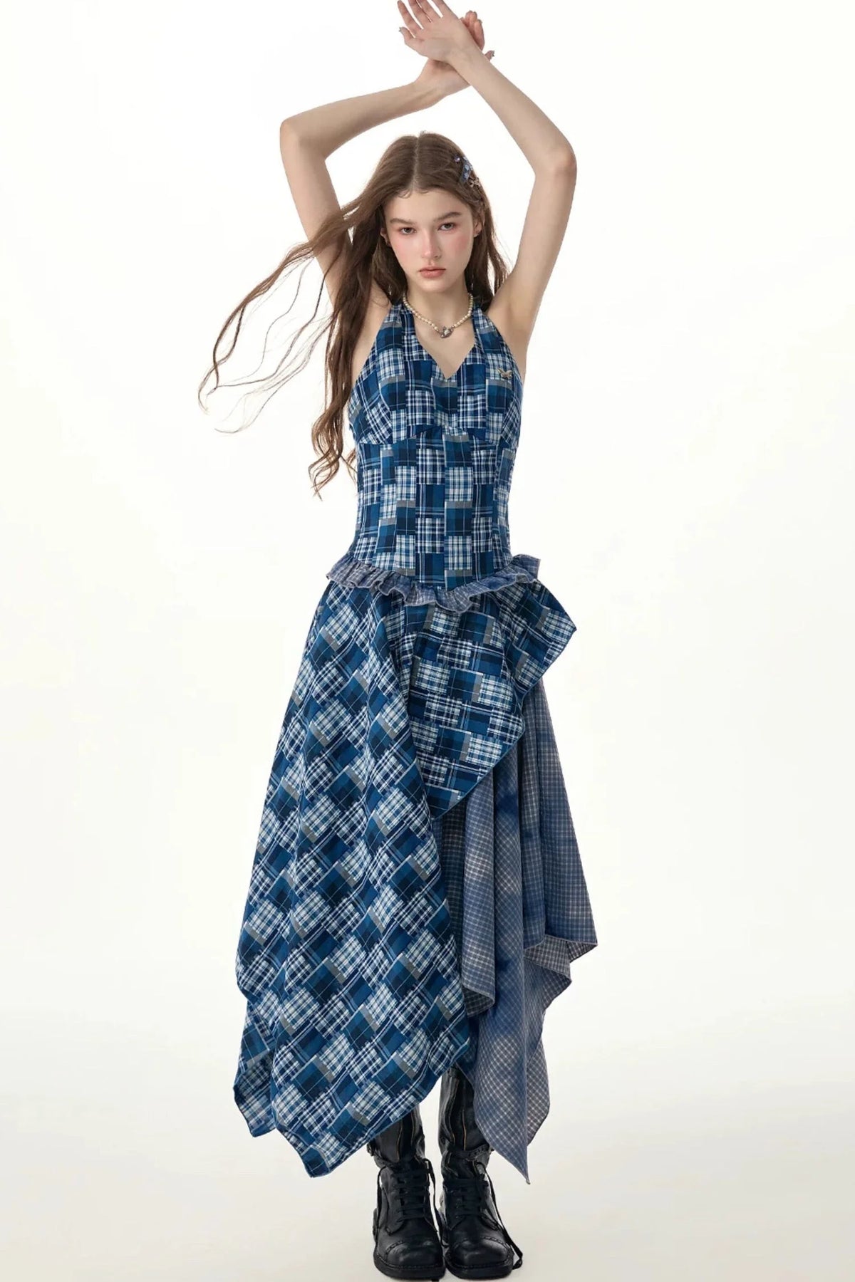 Blue Plaid Halter Asymmetrical Sleeveless Dress