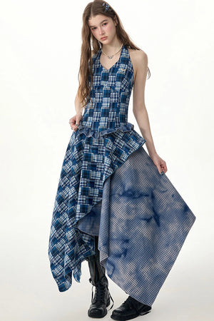 Blue Plaid Halter Asymmetrical Sleeveless Dress
