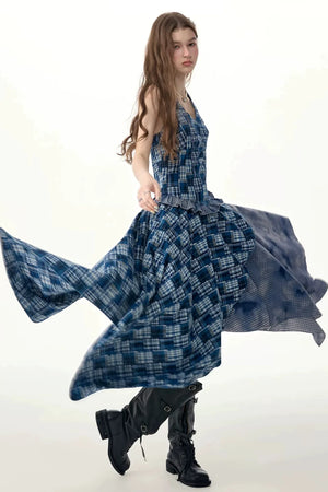 Blue Plaid Halter Asymmetrical Sleeveless Dress