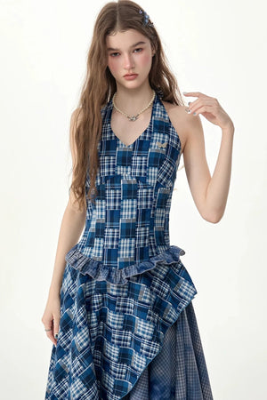 Blue Plaid Halter Asymmetrical Sleeveless Dress