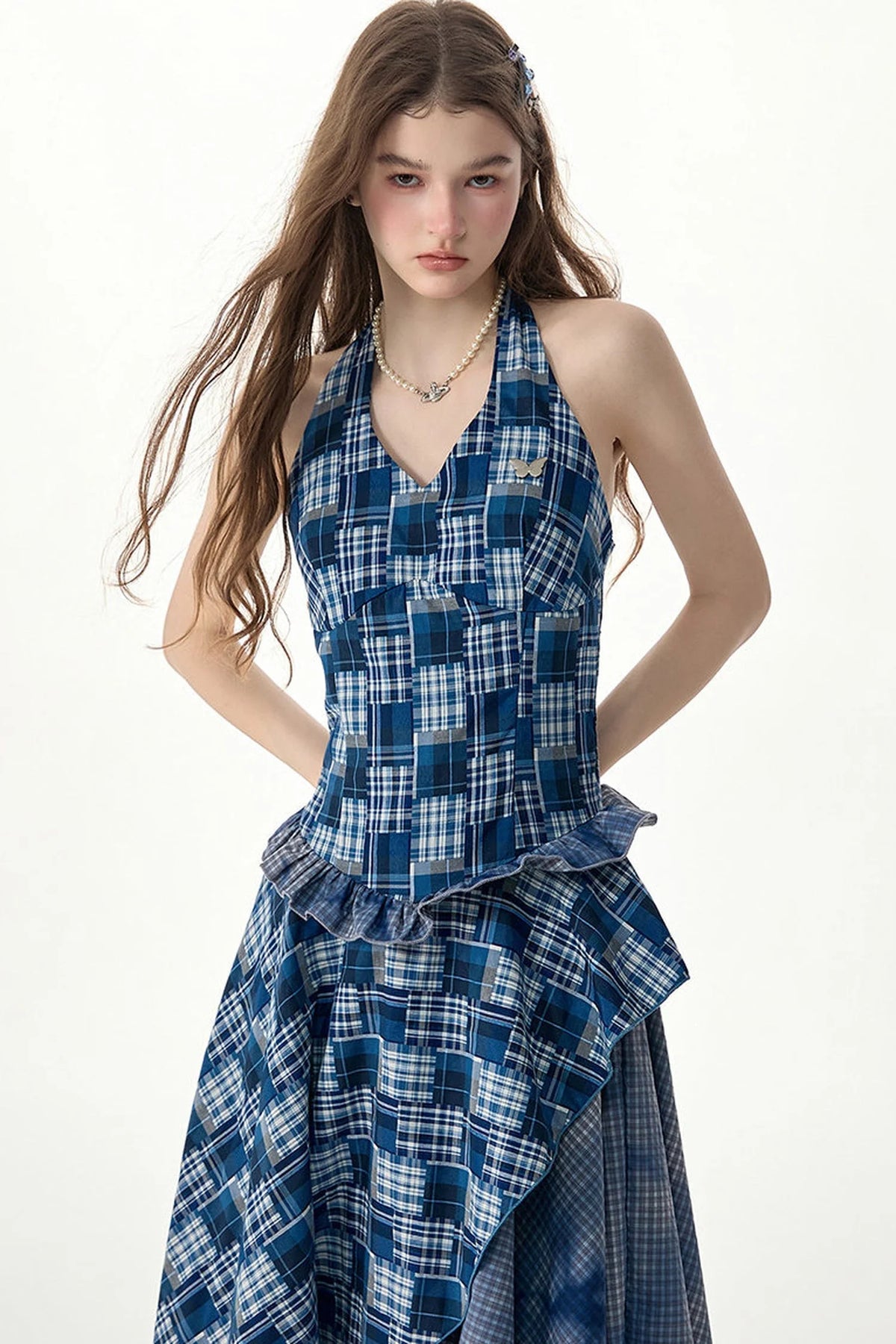 Blue Plaid Halter Asymmetrical Sleeveless Dress