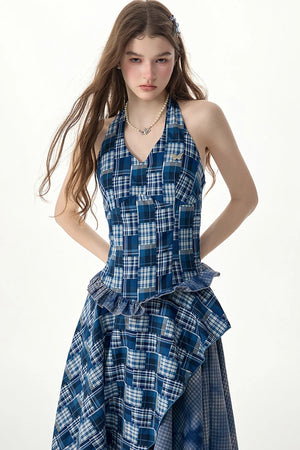 Blue Plaid Halter Asymmetrical Sleeveless Dress