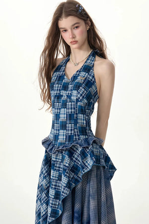 Blue Plaid Halter Asymmetrical Sleeveless Dress