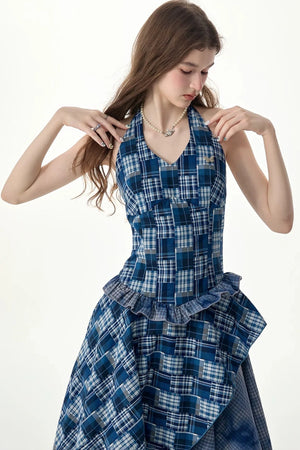 Blue Plaid Halter Asymmetrical Sleeveless Dress