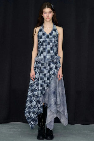 Blue Plaid Halter Asymmetrical Sleeveless Dress