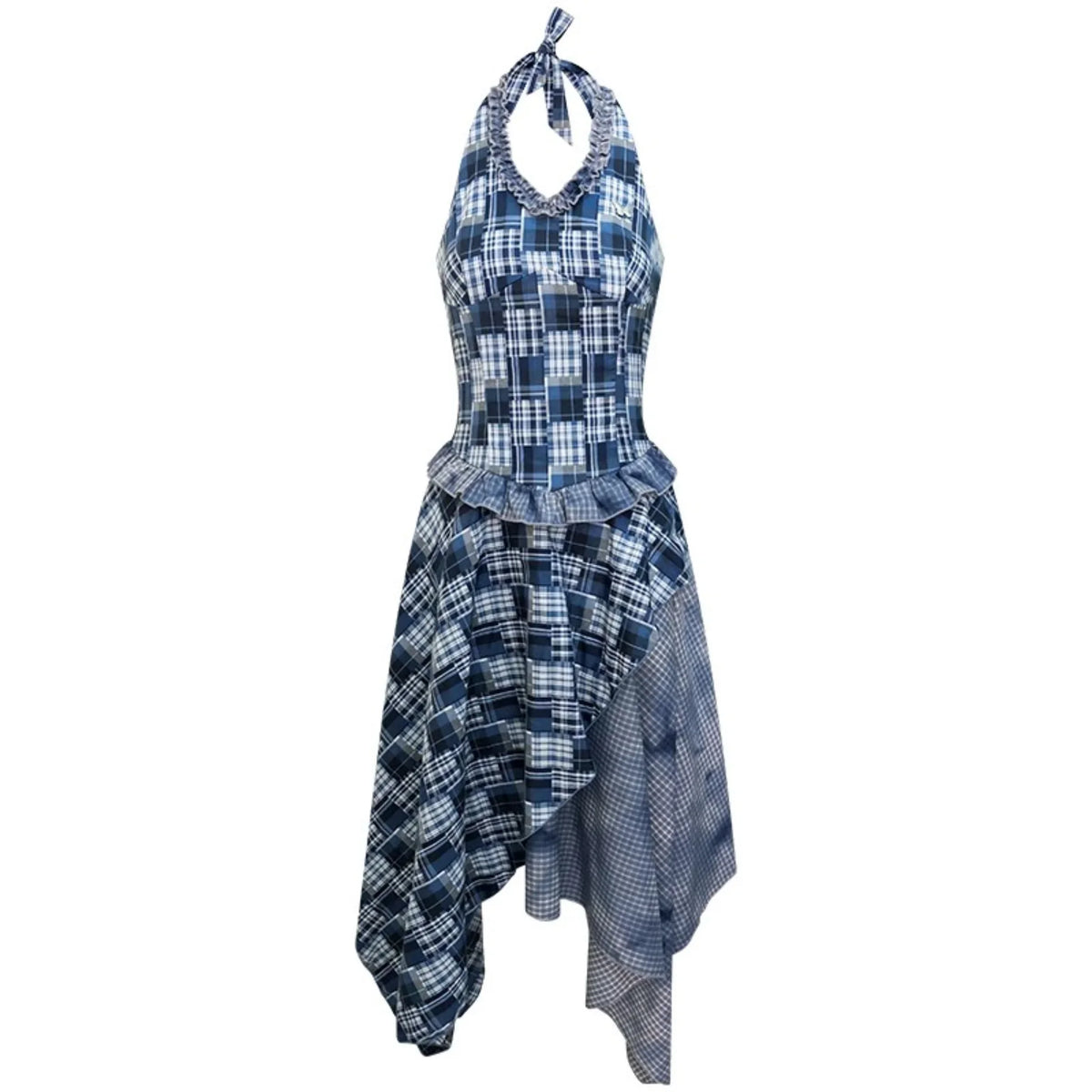 Blue Plaid Halter Asymmetrical Sleeveless Dress
