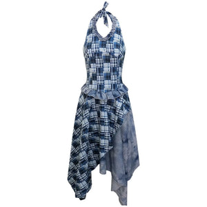 Blue Plaid Halter Asymmetrical Sleeveless Dress