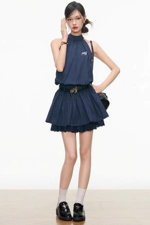 Blue Plaid Halter Dress