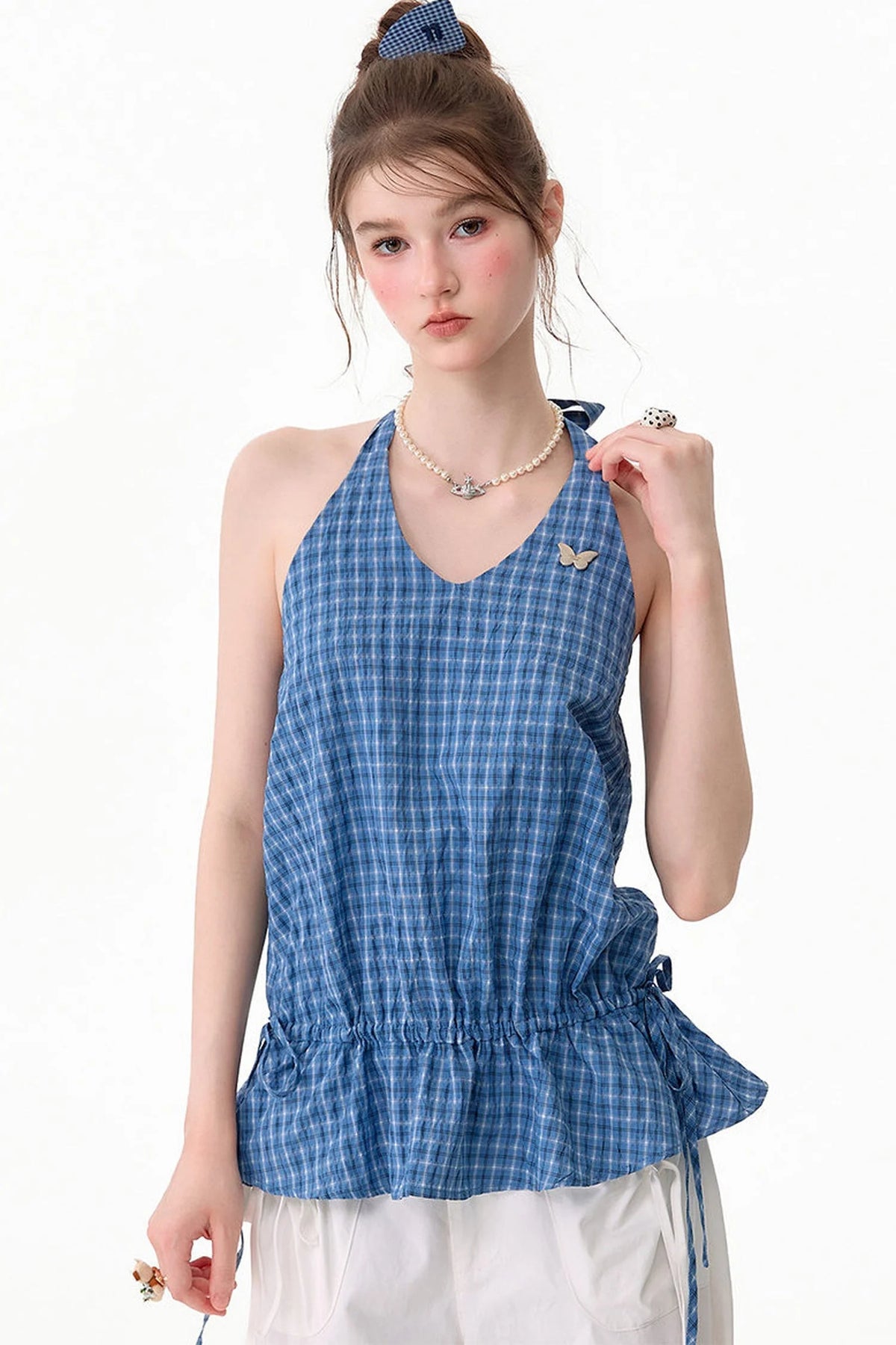 Blue Plaid Halter Neck Tank Top