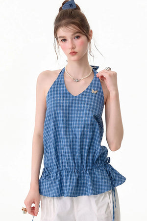 Blue Plaid Halter Neck Tank Top