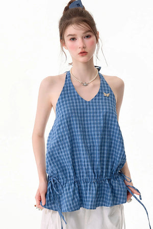 Blue Plaid Halter Neck Tank Top