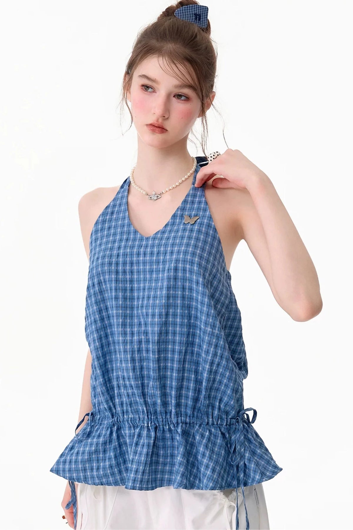 Blue Plaid Halter Neck Tank Top