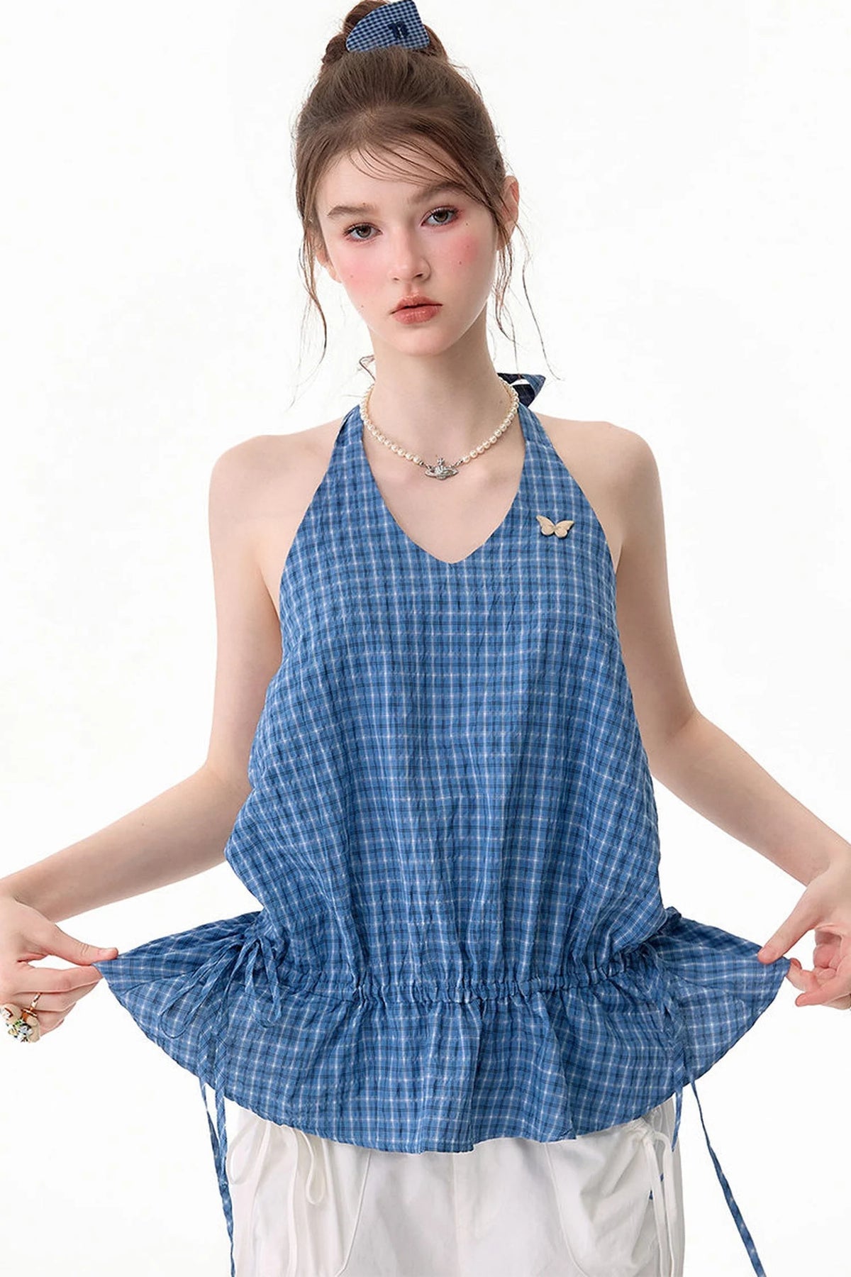 Blue Plaid Halter Neck Tank Top