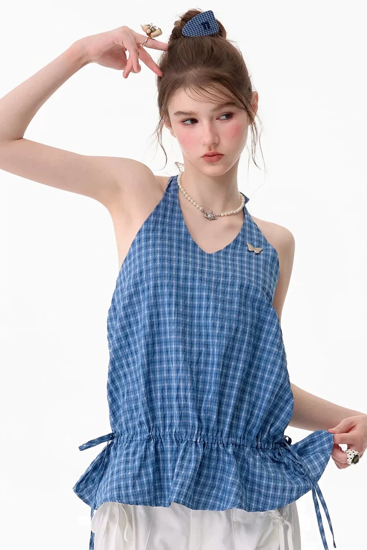 Blue Plaid Halter Neck Tank Top