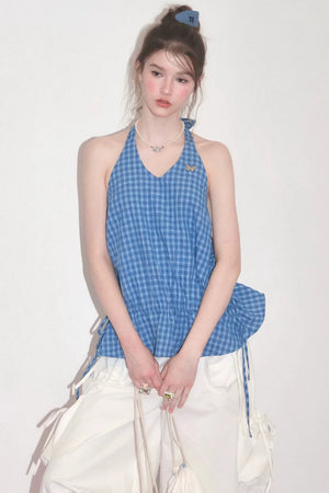 Blue Plaid Halter Neck Tank Top
