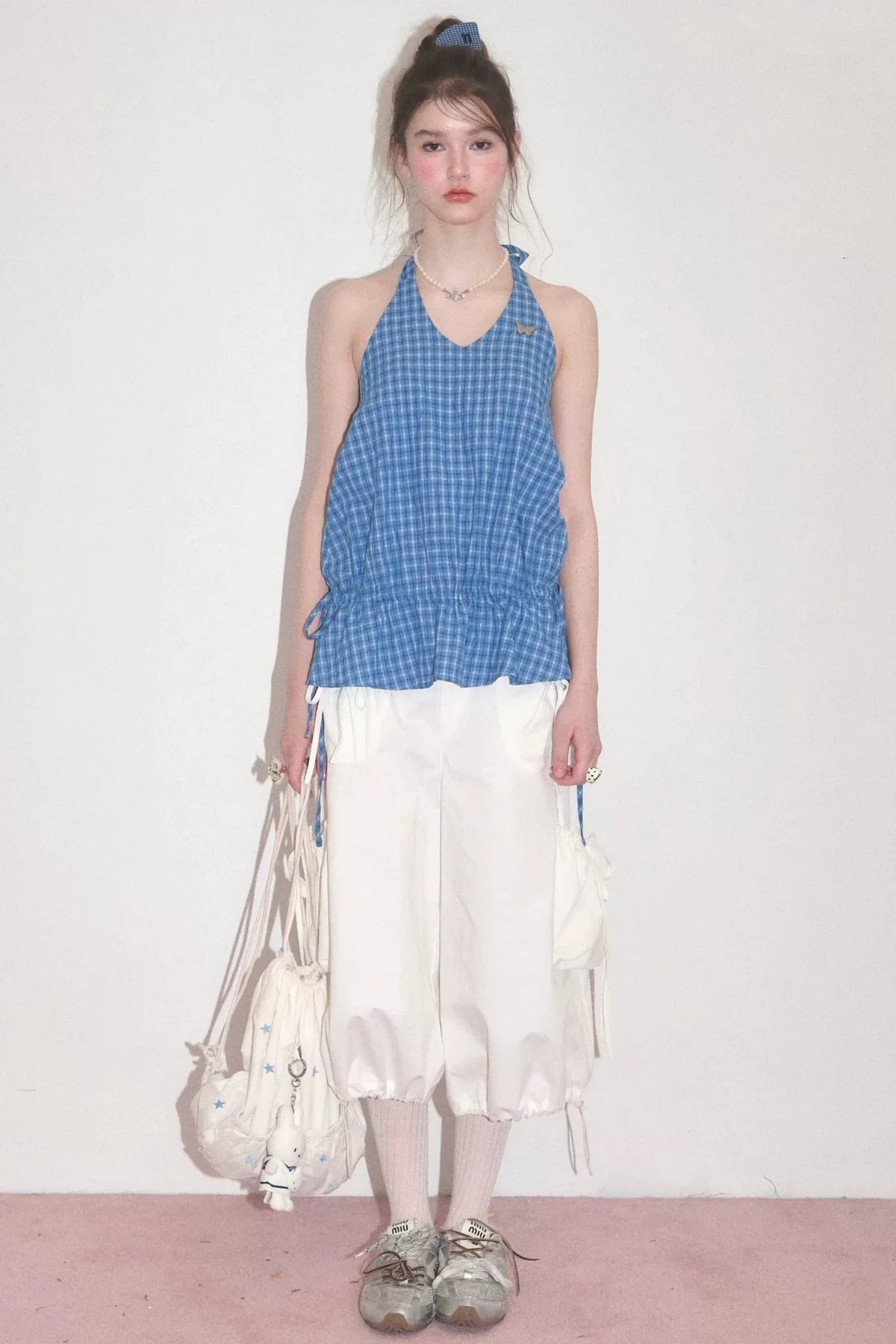 Blue Plaid Halter Neck Tank Top