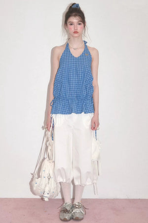 Blue Plaid Halter Neck Tank Top