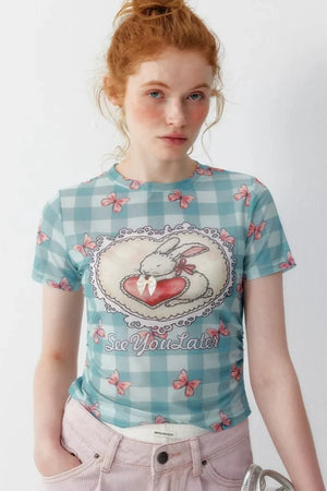 Blue Plaid Heart Rabbit Print T-Shirt