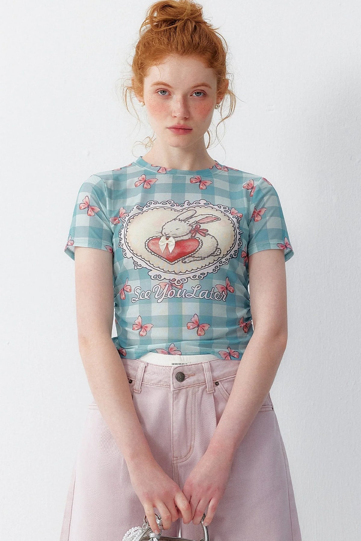 Blue Plaid Heart Rabbit Print T-Shirt