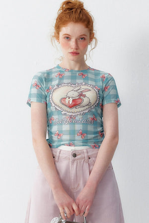 Blue Plaid Heart Rabbit Print T-Shirt