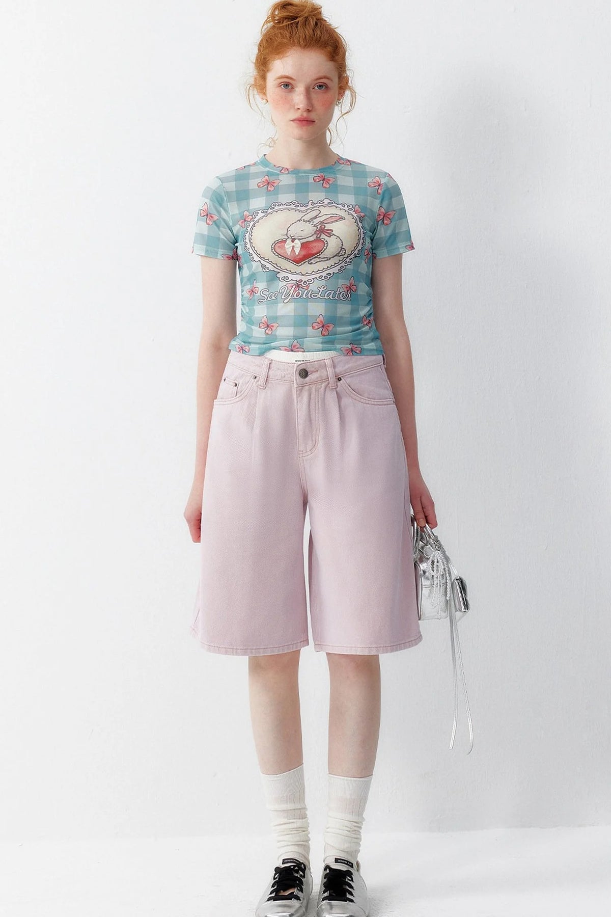Blue Plaid Heart Rabbit Print T-Shirt