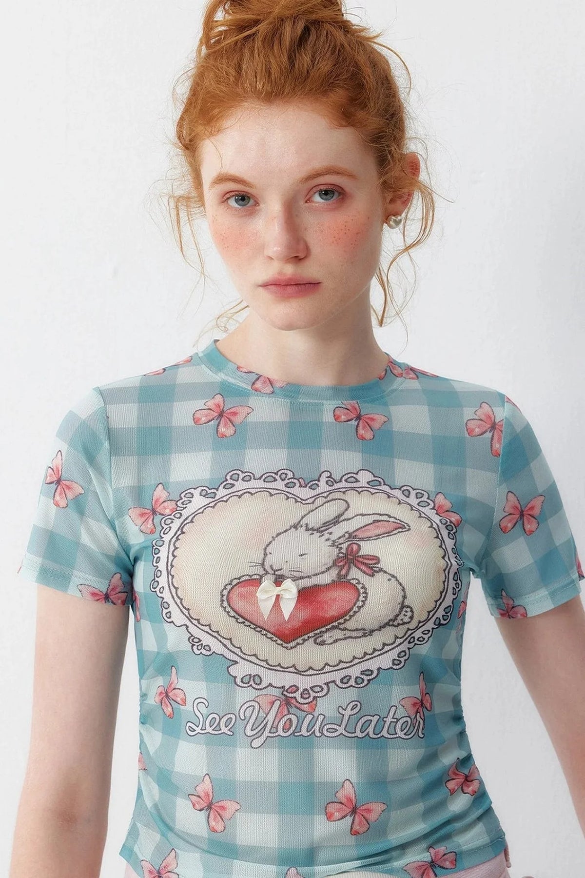 Blue Plaid Heart Rabbit Print T-Shirt