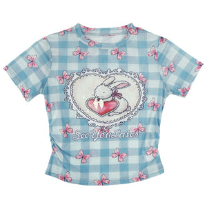 Blue Plaid Heart Rabbit Print T-Shirt