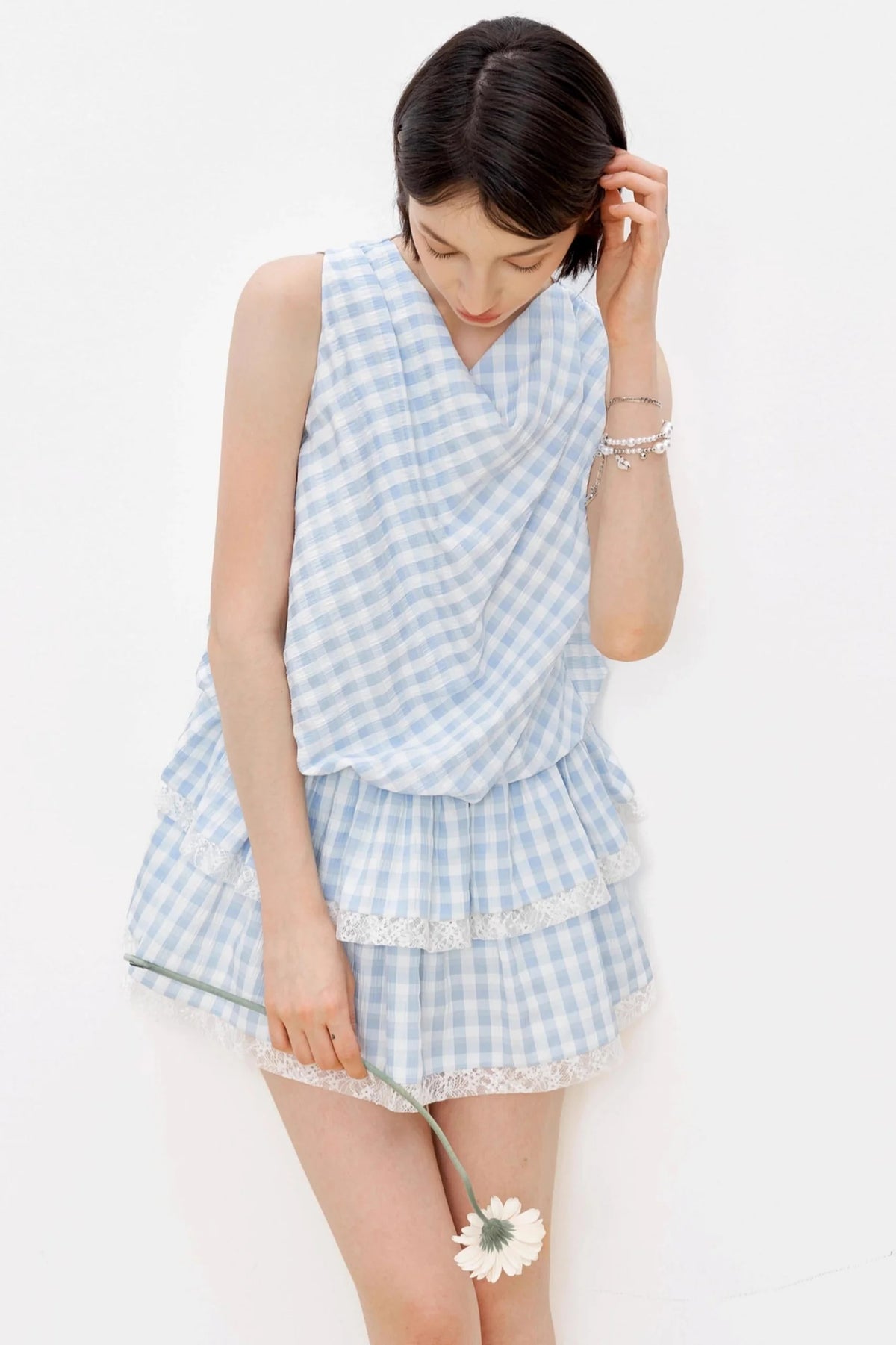 Blue Plaid Lace A-Line Dress