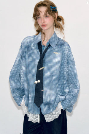 Blue Plaid Lace Hem Blouse